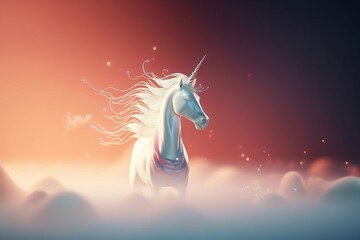 Naklejka na ściany i meble a digital painting of a unicorn standing in the clouds with its hair blowing in the wind and stars in the sky above it, with a red and orange and blue background. generative ai