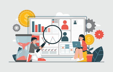 Businessman And Businesswoman, Co-Worker Use Time, Management, Method, Money For Business Successful And Wealth, Vector, Illustration