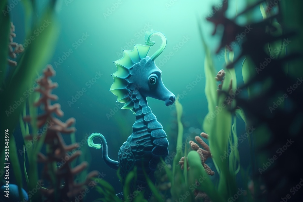 Wall mural  a sea horse is standing in the seaweed with its head turned to look like a seahorse, with a green background, and blue hues.  generative ai - Wall murals