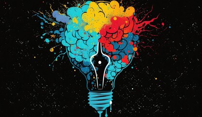 Illustration of a light bulb with brain ideas. Created using generative AI tools