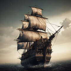 vintage wooden sailing ship, antique maritime vessel, high-resolution image, generative AI
