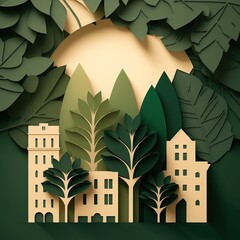 Illustration of light green dark green and beige leaf city.
Created using generative AI tools