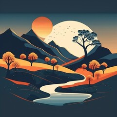 Minimalistic flat design landscape illustration. Created using generative AI tools