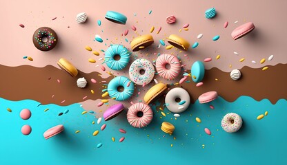 Falling colorful donuts and macaron. Created using generative AI tools