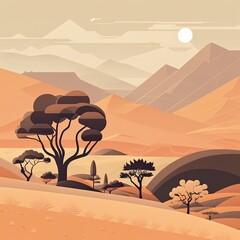 Minimalistic flat design landscape illustration. Created using generative AI tools