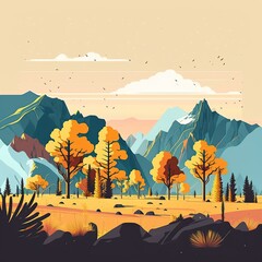 Minimalistic flat design landscape illustration. Created using generative AI tools