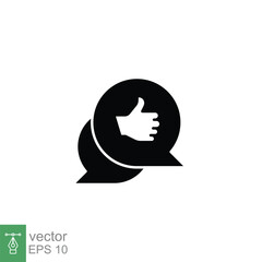 Bubble speech talk with thumb up icon. Testimonials and customer relationship management concept. Simple solid style. Silhouette, glyph symbol vector illustration isolated on white background. EPS 10.