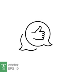 Bubble speech talk with thumb up line icon. Testimonials and customer relationship management concept. Simple outline style. Vector illustration isolated on white background. EPS 10.