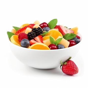 Fresh fruit salad in a bowl isolated on white background. Generative AI