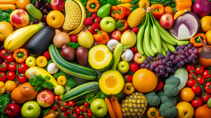 Fototapeta na wymiar Vegetables and fruits background. Healthy food concept. Top view. Generative AI
