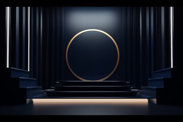 dark navy blue Display mock up 3D luxury stage with LED light and simple shape decoration around it. generative AI