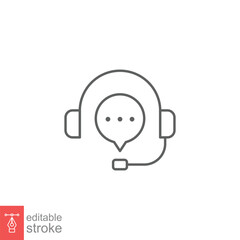CRM line icon. Headset with bubble speech. Testimonials and customer relationship management concept. Simple outline style. Vector illustration isolated on white background. Editable stroke EPS 10.