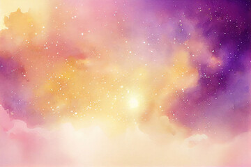 Naklejka premium Watercolor purple and yellow galaxy background with sparkling. Generative AI