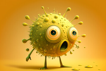 Illustration of funny green virus character with angry face isolated on yellow. Generative AI.
