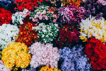 Different beautiful bouquets at the market for woman's day.