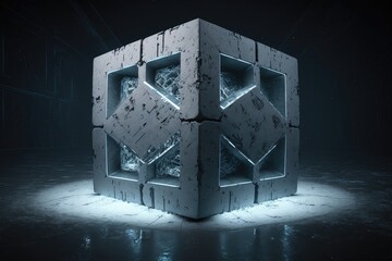 3d rendering of a cube in a dark room with light effects