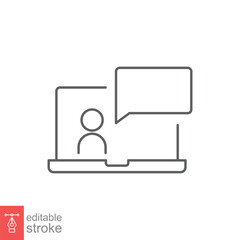 Video conference on laptop icon. Online web business chat on computer, technology concept. Simple outline style. Line symbol. Vector illustration isolated on white background. Editable stroke EPS 10.