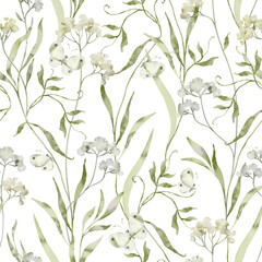 Floral seamless watercolor pattern - a composition of green leaves, branches and flowers on a white background. Perfect for wrappers, wallpapers, postcards, greeting cards, wedding invitations, events