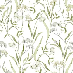 Deurstickers Aquarel prints Floral seamless watercolor pattern - a composition of green leaves, branches and flowers on a white background. Perfect for wrappers, wallpapers, postcards, greeting cards, wedding invitations, events