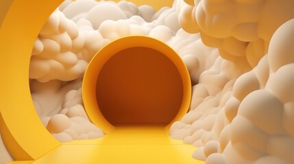 Fototapeta premium 3d render abstract minimal yellow background with white clouds flying out the tunnel Generative AI