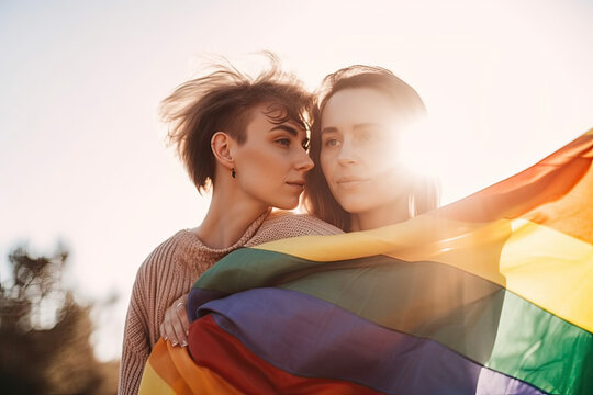 Lesbian couple embraces each other tightly while holding a rainbow flag, a symbol of pride and solidarity within the LGBTQ+ community AI Generative
