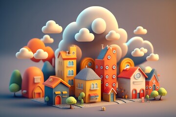3D cute mini city, mini world, miniature city, kid style, colorful, houses, hotels, streets, clouds, hill, happy color
