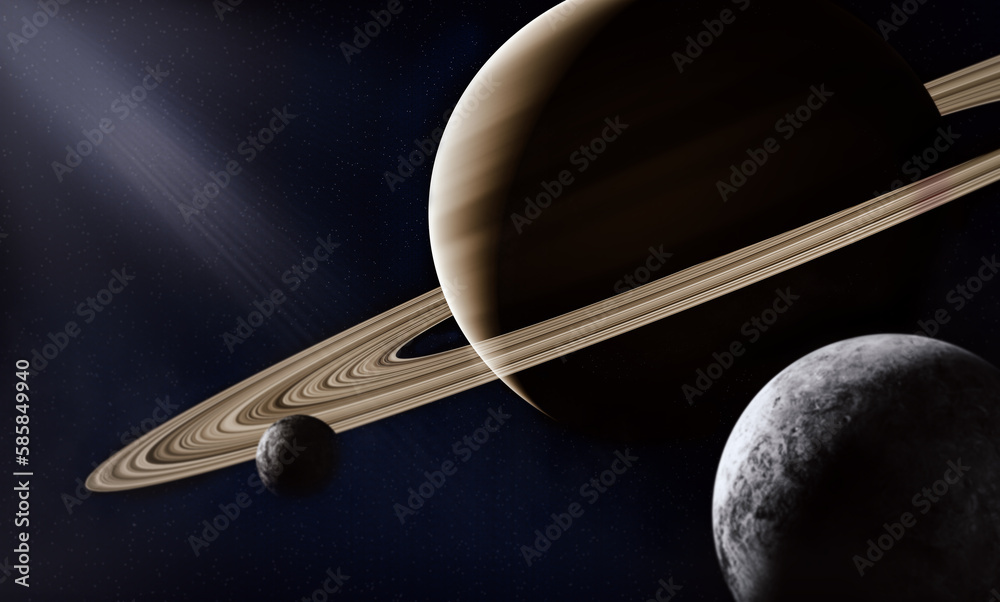Poster 3d render, gas giant planet in deep space. saturn planet and rings close-up