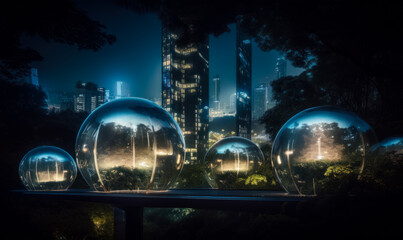 Image of futuristic city with glass bubbles and plants reflecting there. Night urban cityscape with skyscrapers. Generative AI.