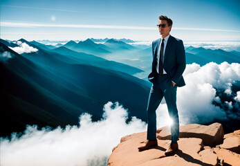 Successful Business man standing on the top of the mountain. Generative AI