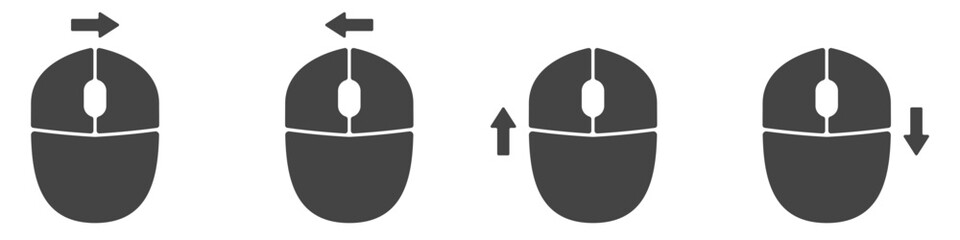 Computer mouse icons vector. Left and right click vector. Icons set of pressing different mouse buttons for PC. Mouse wheel scroll icon vector. Mouse icon set for PC.