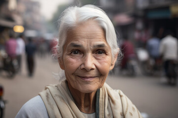 Fototapeta na wymiar Generative ai grey hair mature woman indian portrait outdoors looking camera