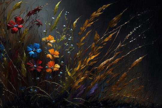 Oil painting illustration of colorful wildflowers. Generative AI.