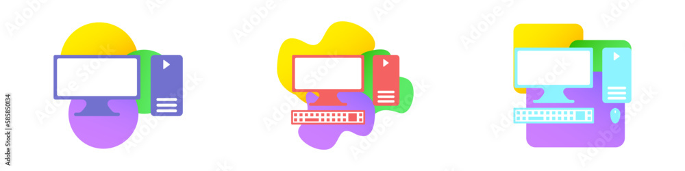 Poster Personal computer infographic vector template. Computer on abstract vector background. Set of computers of different colors vector. Abstract icon of PC work.
