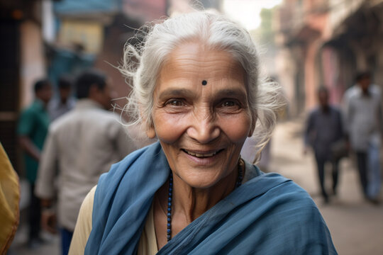 Generative ai grey hair mature woman indian portrait outdoors looking camera