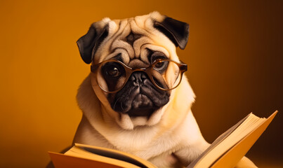 Lovely sad pug wearing glasses holding a book. Adorable pet dog reading a book. Yellow backdrop. Generative AI.