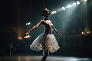 A ballet dancer is seen gracefully gliding across the stage, with arms extended and pointed toes. The spotlight shines down on the dancer, illuminating the beautiful lines and movements AI Generative