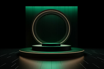 Green Display mock up 3D luxury stage with LED light and simple shape decoration around it. generative AI