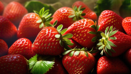 background of red strawberries with green leaves. ai generation
