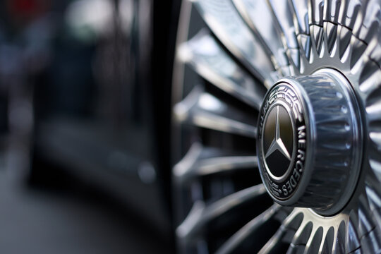 PENANG, MALAYSIA - 19 MAR 2023: Elegant Mercedes-Benz wheel close up. Mercedes-Benz is a German luxury and commercial vehicle automotive brand established in 1926.