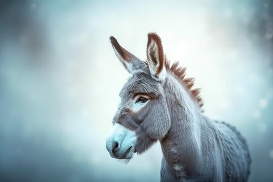  a close up of a donkey with a blurry sky in the background of the image, with a blurry sky in the background.  generative ai