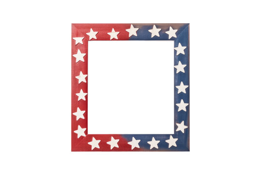 Wooden photo frame with American flag colors and stars. Patriotic border for photos or space for text. Colorful abstract rectangle frame. Generative AI