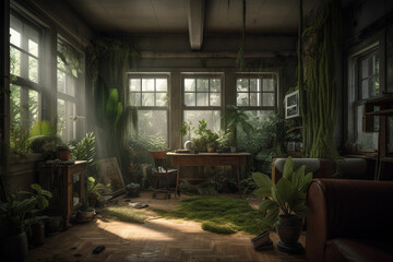 Interior of an old abandoned house with green plants. Generative AI