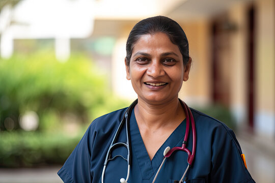 Indian female nurse smiling at the camera, candid photo, Generative AI