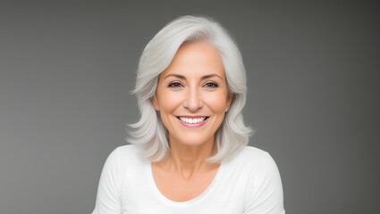 Mature smiling woman portrait with grey hair and white top. Isolated on grey background. Copy space. Generative AI