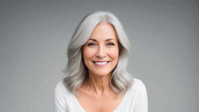 Portrait of mature beautiful woman with grey hairstyle and white top. Cleavage. Model studio shot. Copy space. Generative AI