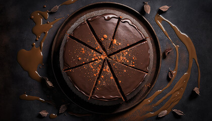Smooth chocolate cake. View from above. Dark food photography created with Generative AI