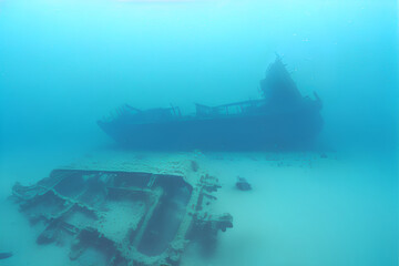A sunken boat lies underwater on the bottom of the ocean with ship parts lying on the sands of the seabed. A shipwreck with metal debris rusting in turquoise waters deep below the sea. Generative ai.