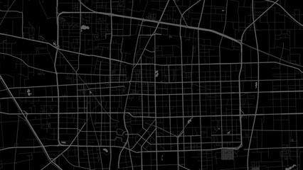 Dark black Shijiazhuang city area vector background map, roads and water illustration. Widescreen proportion, digital flat design.