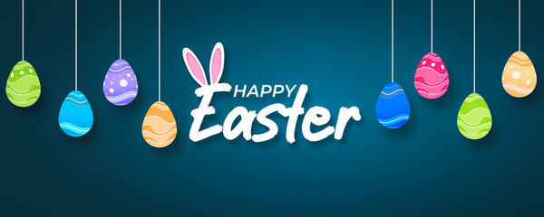 Happy Easter background. Easter banner for web. Easter bunny and decorated eggs 2d flat design illustration.