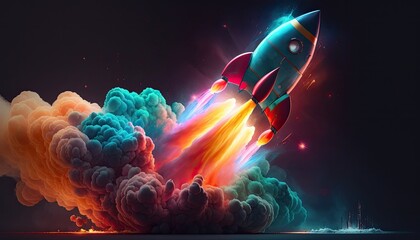 Colorful blazing launched rocket with neon lights jet - obrazy, fototapety, plakaty